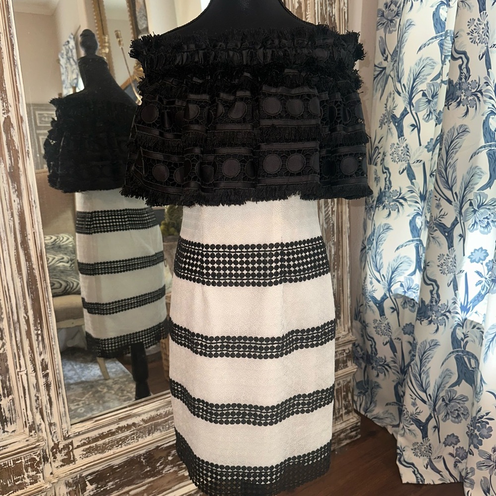 Badgley Mischka Black and White Sheath Midi Dress for Cocktail